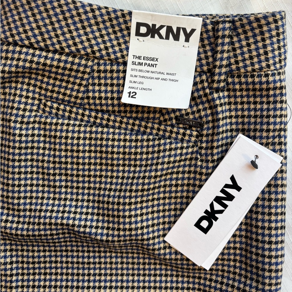 DKNY Navy and Tan Houndstooth Slim Pants